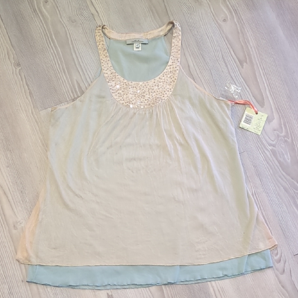 silk Tank Intuitions L Elegant Cream Sleeveless Top Beaded Champagne Mint